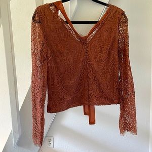 Chicwish Lace Brown Top with Ribbon Tie Detail